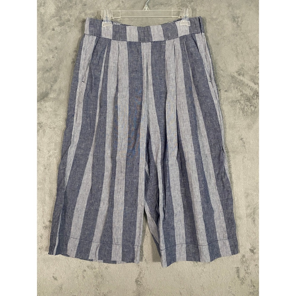 Gap Pants Sz 12 Blue Striped 100% Linen Wide Leg Culottes High Rise Nautical